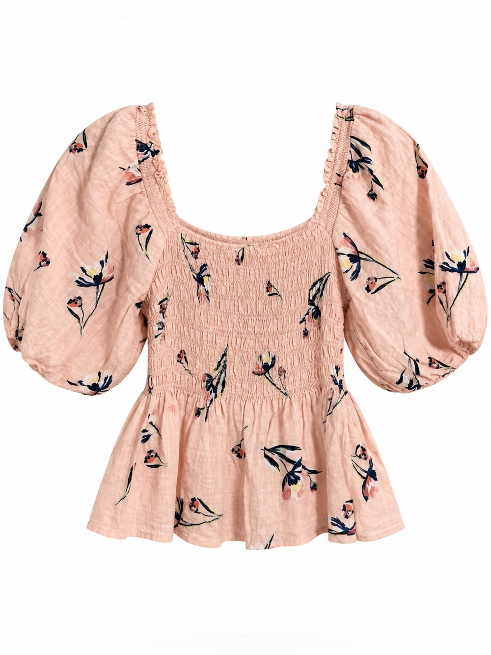 a.n.a Women’s Medium Blush Pink Floral Smocked Puff Sleeve Peplum Blouse